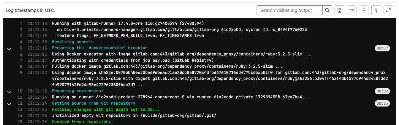 A job log showing timestamps in UTC for each line