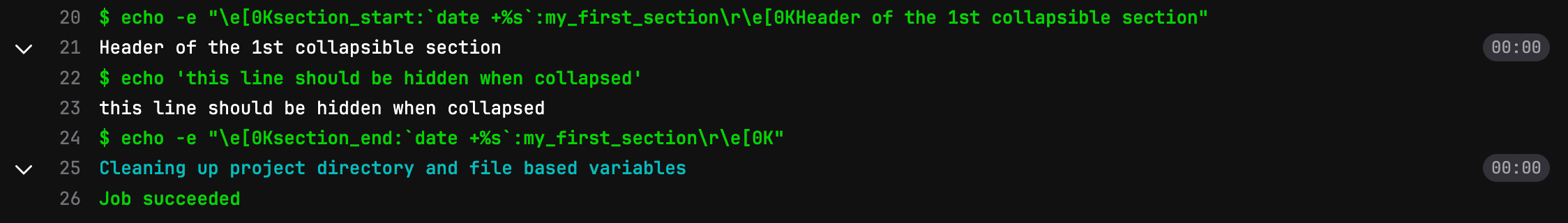 A job log showing a collapsed section with hidden content