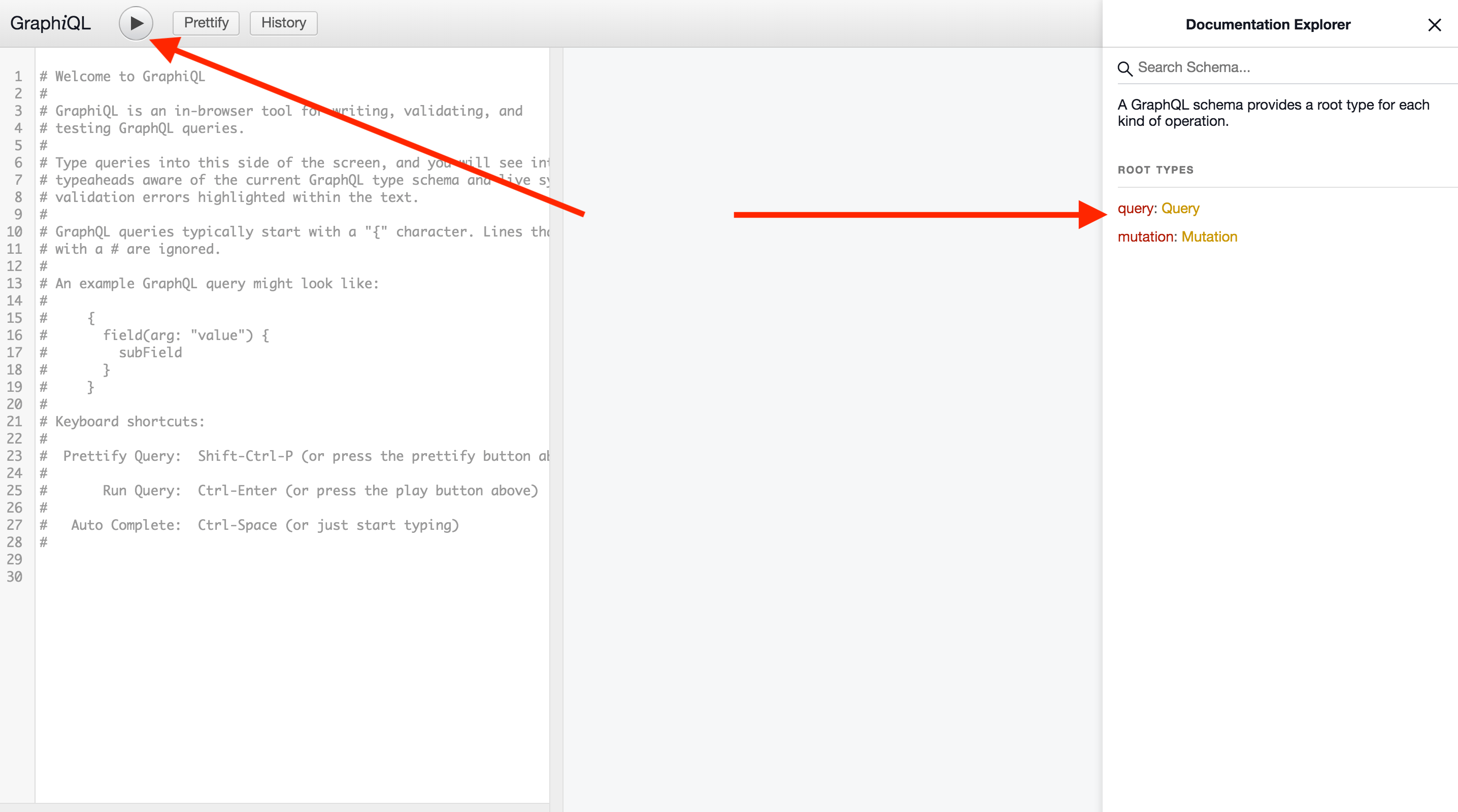 GraphiQL interface showing an entry in the Documentation Explorer